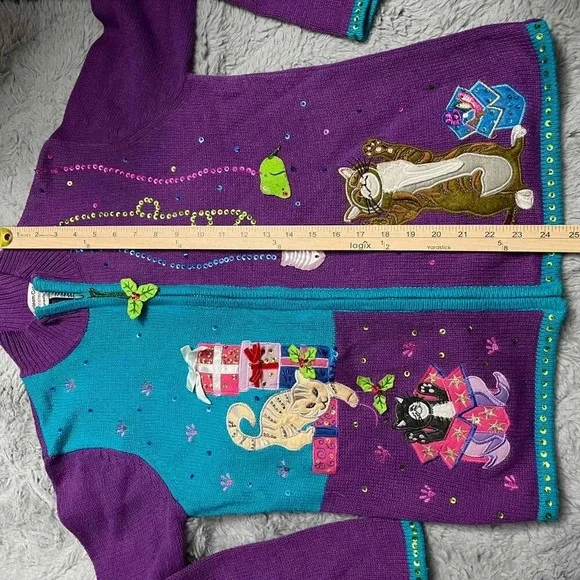 Heirloom Collectibles Vintage Christmas Cat Cardigan Sweater Small Art To Wear - Picture 3 of 13